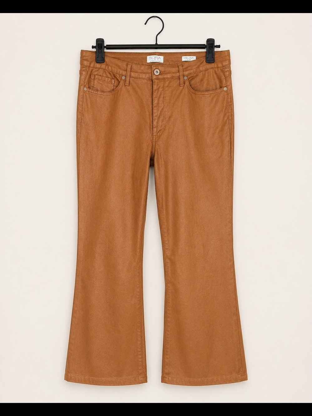 Sofia Vergara Melisa Flare Pants Size 16 Rust Brown Coated Stretch 70s Retro